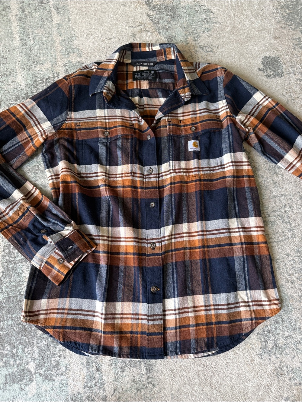 Carhartt Women's TENCEL Fiber Series Plaid Flannel Shirt Navy Orange Size M